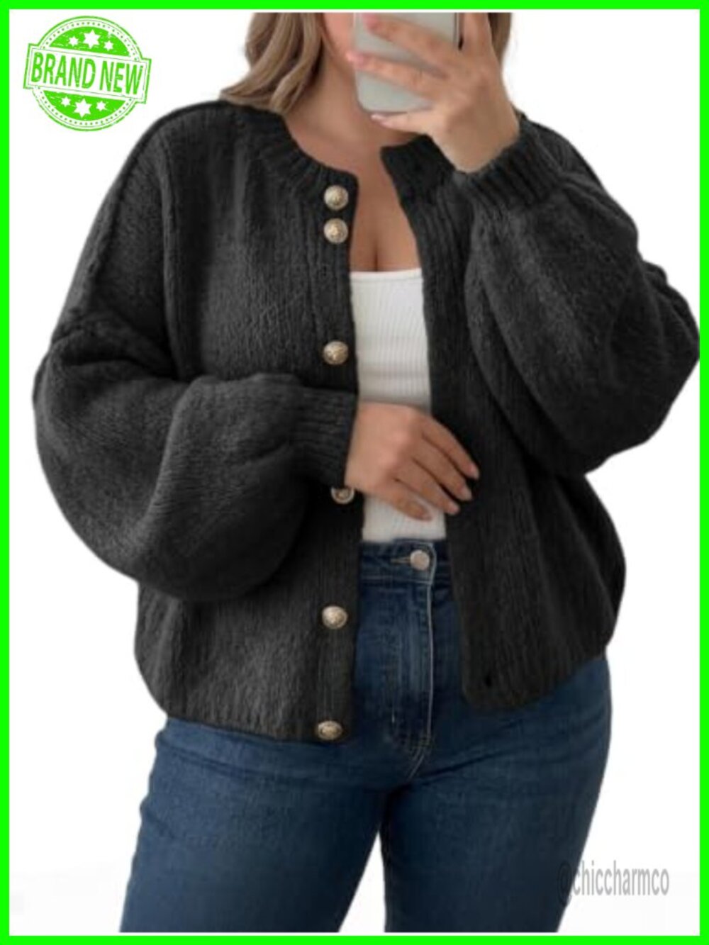 Plus Size Button Up Cardigan Chunky Knit Lantern Sleeve Sweater